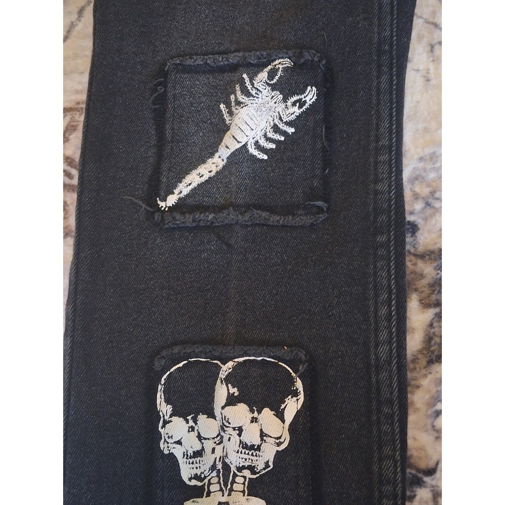 Hot Topic Goth core death rock/Roll Jeans Men 36x32 Black Skeleton Skull Patches - Picture 9 of 11